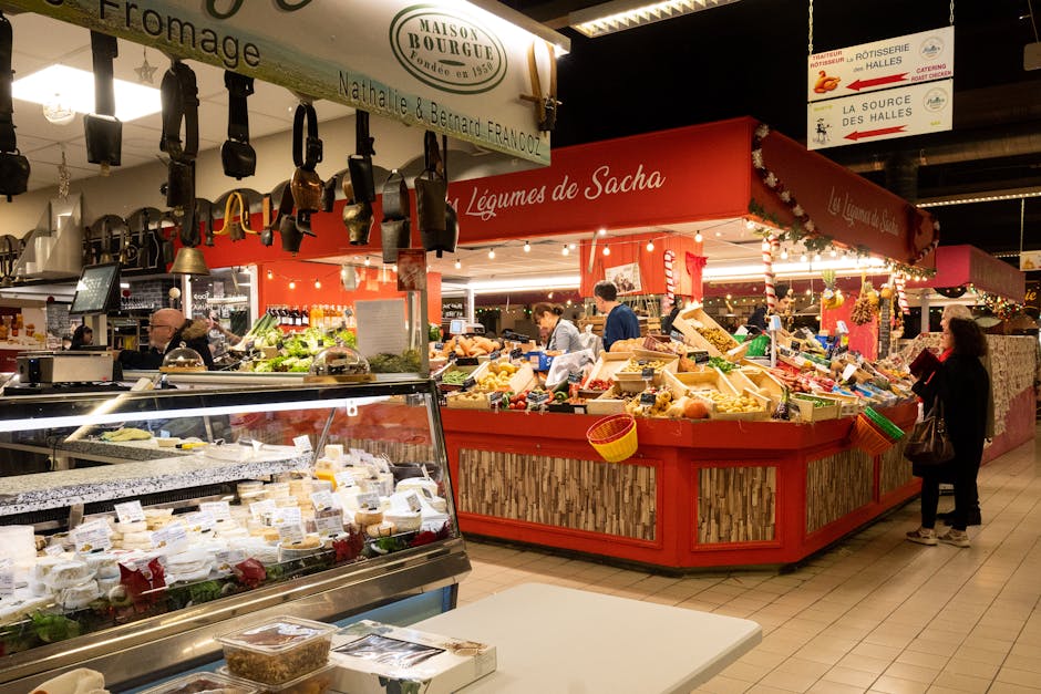 French market fresh produce cheese bread display